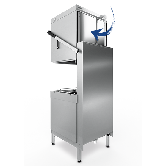 Side view of a HOBART hood‑type dishwasher with the hood lifted completely upward, showing the open washing chamber and the guided lifting mechanism highlighted by an arrow to illustrate the vertical opening design for ergonomic loading and unloading.