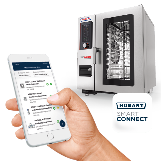 Smartphone displaying status overview of the HOBART CHEF'S COMBI – modern app-based control and monitoring.