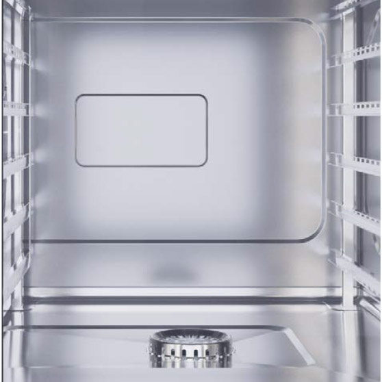 Interior view of the HOBART CHEF'S COMBI featuring stainless steel housing, convection system, and tray rails for professional kitchens.