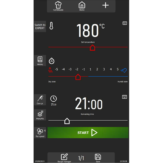 Digital control interface of a professional kitchen appliance showing a temperature setting of 180 °C, remaining time of 21:00 minutes, and a humidity scale from “Dry zone” to “Humid zone”. Additional features like core temperature probe, fan speed, MenuMix, and recipe manager are visible. A green “START” button is located at the bottom.