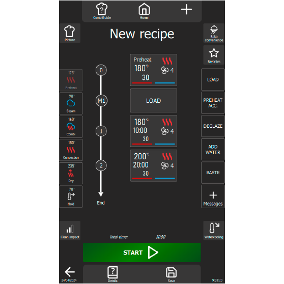 Digital interface for creating a new cooking program with multiple steps. Displayed settings include Preheat (180 °C, 30 min), Step 1 (180 °C, 10 min), and Step 2 (200 °C, 20 min), all with fan speed 4. On the left are cooking modes like Steam, Combi, Convection, Dry, and Hold. On the right are action buttons such as Load, Add Water, and Messages. Total time: 32:00 minutes.