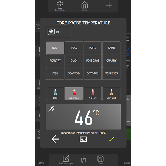 Digital interface for setting core temperature with options for meat types such as beef, veal, pork, lamb, poultry, duck, foie gras, game, fish, seafood, octopus, and terrines. Cooking levels include Bleu, Rare, Medium, and Well Done. Current core temperature is set to 46 °C, with ambient temperature at 180 °C.
