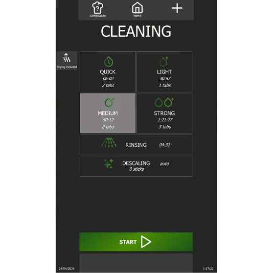 Digital display showing cleaning options for a kitchen appliance. Six programs are visible: QUICK (06:02, 2 tabs), LIGHT (30:57, 1 tab), MEDIUM (50:12, 2 tabs, highlighted), STRONG (1:21:27, 3 tabs), RINSING (04:32), and DESCALING (auto, 0 sticks). A green “START” button is located at the bottom.