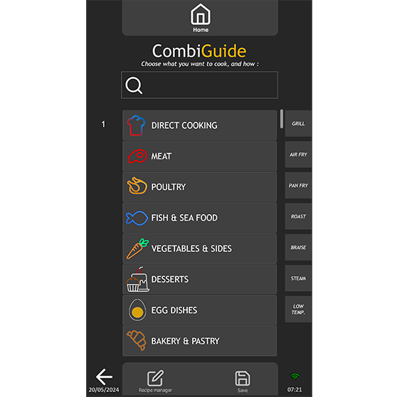 Digital cooking guide interface with categories such as Direct Cooking, Meat, Poultry, Fish & Seafood, Vegetables & Side Dishes, Desserts, Egg Dishes, and Bakery & Pastry. Cooking methods on the right include Grill, Air Fry, Pan Fry, Roast, Braise, Steam, and Low Temp. Bottom icons include navigation, recipe manager, save, and Wi-Fi status.