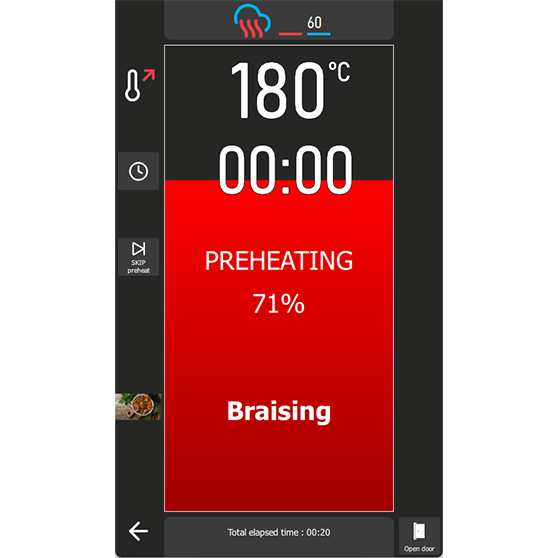 Digital display of a kitchen appliance showing a set temperature of 180 °C and timer at 00:00. Status indicates “PREHEATING” at 71% progress. Cooking mode is “Braising”. Icons on the left include temperature adjustment, timer, and skip preheating. Bottom shows total elapsed time of 00:20 and an option to “Open door”.