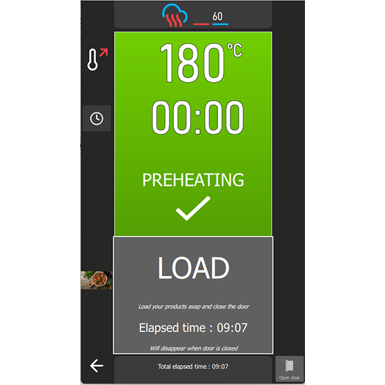 Digital display of a kitchen appliance showing a set temperature of 180 °C and timer at 00:00. Status “PREHEATING” is confirmed with a checkmark. A button labeled “LOAD” instructs to load products asap and close the door. Elapsed time is 09:07 minutes. Note: “Will disappear when door is closed”.