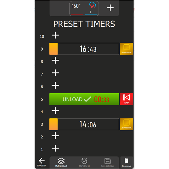 Digital display showing preset timers for a kitchen appliance. Temperature is 160 °C, fan speed 1. Timer slot 5 shows “UNLOAD ✓” with a countdown of 00:33 and a red “END” button. Slots 3 and 9 are marked “IN PROGRESS”. Remaining slots are available with plus signs. Bottom buttons include “Multi product”, “Start/End at”, “Save collection”, and “Open door”.