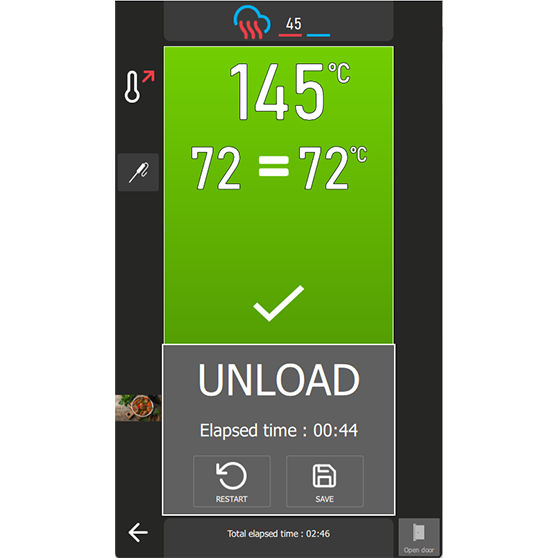 Digital display of a kitchen appliance showing a current temperature of 145 °C and a target temperature of 72 °C, which has been reached (72 = 72 °C) with a green checkmark. A large “UNLOAD” button is visible. Elapsed time is 00:44 minutes, total time is 02:46 minutes. Bottom buttons include “RESTART” and “SAVE”.