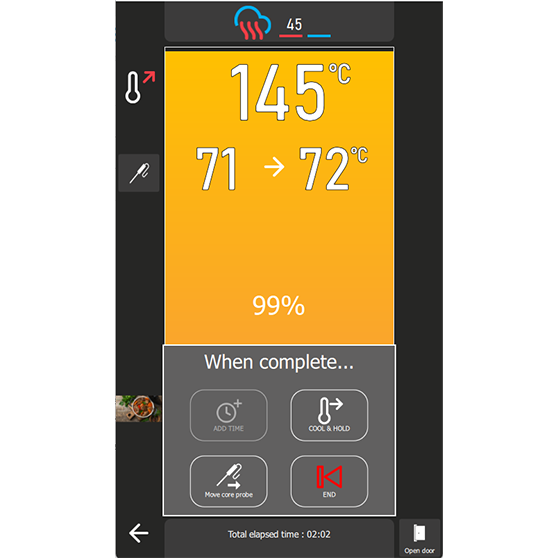Digital display of a kitchen appliance showing a current temperature of 145 °C and a temperature range from 71 °C to 72 °C. Progress is at 99%. Visible buttons include “ADD TIME”, “COOL & HOLD”, “Move core probe”, and “END”. Total elapsed time is 02:02 minutes. Function icons are visible on the left.