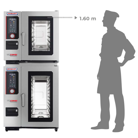 Two stacked combi ovens with digital control panels and glass doors – a silhouette of a person on the right illustrates the top oven’s height of 1.60 m.