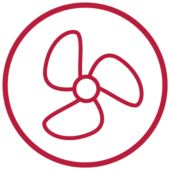A red circle with a fan – represents air circulation or ventilation.
