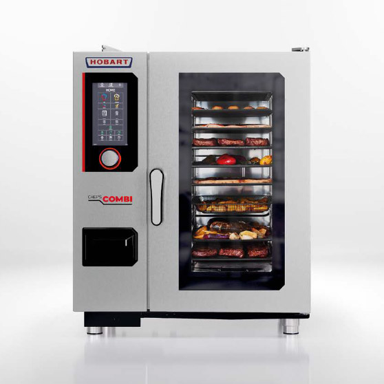 Professional CHEF'S COMBI combi oven with stainless steel housing, glass door, and digital control panel – multiple trays with meat and vegetables visible during cooking.