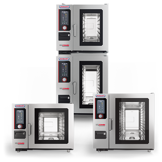 Four professional CHEF'S KOMBI combi ovens by Hobart in stainless steel with glass doors and digital controls, arranged stacked and side by side.