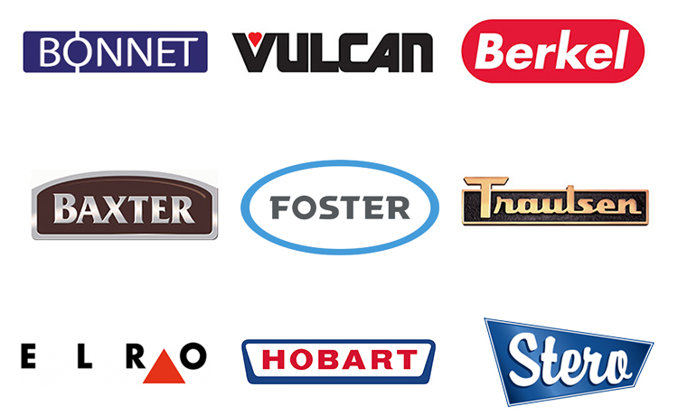 Collection of nine brand logos from ITW Food Equipment Group: BONNET, VULCAN, Berkel, BAXTER, FOSTER, Traulsen, ELRO, HOBART, and Stero. These brands are part of Illinois Tool Works and represent professional kitchen solutions including dishwashing, cooking, food preparation, and refrigeration.