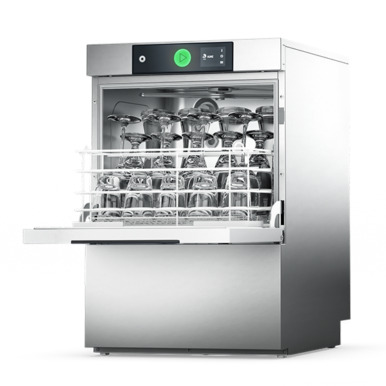 HOBART glasswasher made of stainless steel with open door and rack filled with clean glasses for commercial kitchens and bars