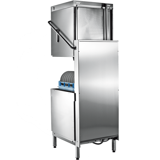 HOBART pass-through dishwasher made of stainless steel with dish rack, designed for efficient and hygienic cleaning in catering and commercial kitchens.