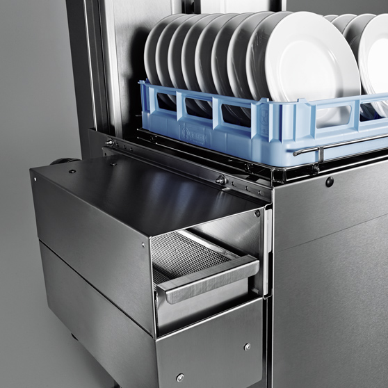 Professional stainless steel dishwasher with blue plate rack and neatly stacked clean plates, perfect for commercial kitchens and catering