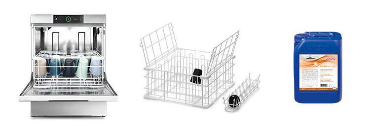 HOBART Becherspülsystem bestehend aus professioneller Spülmaschine, Drahtkorb mit Klappdeckel für sichere Becheraufnahme und speziellem Reinigungsmittel für hygienische Reinigung von Labor- und Messbechern.