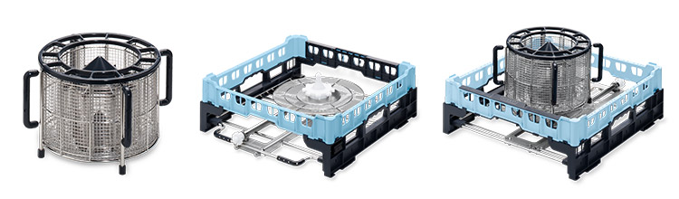 HOBART Besteck Premium Korb bestehend aus rundem Edelstahlkorb mit Griffen und quadratischem Kunststoffrahmen mit Sprühsystem, für professionelle Spülmaschinen zur hygienischen Reinigung und Trocknung von Besteck.