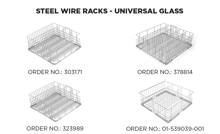 Four different steel wire racks for glasses, universally suitable for commercial dishwashers, featuring open structures and sturdy sidewalls – perfect for hospitality and professional cleaning.