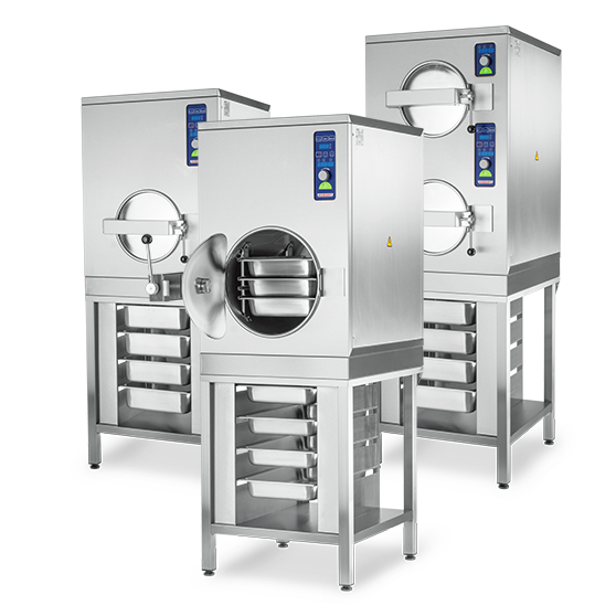 Three HOBART GTP units for professional cooking technology made of stainless steel, one open showing GN containers inside, modern design with digital control panel.