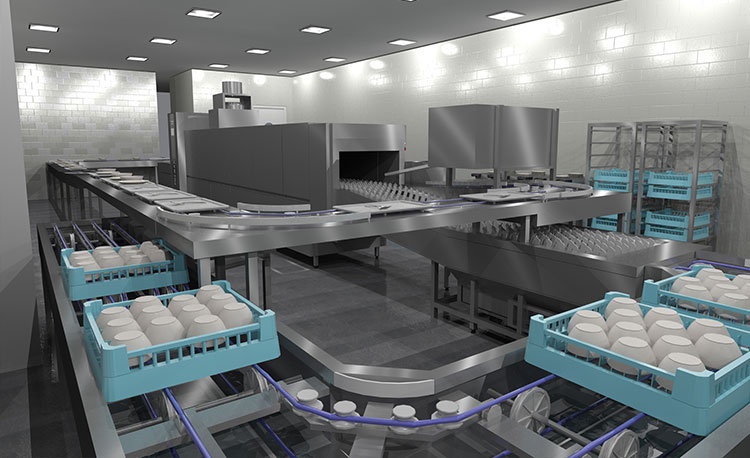 Example layout of HOBART FLOW LINE autoLINE for commercial kitchens, fully automated washing system with integrated conveyor technology for efficient cleaning of dishes, trays and cutlery, optimized workflow and high capacity.