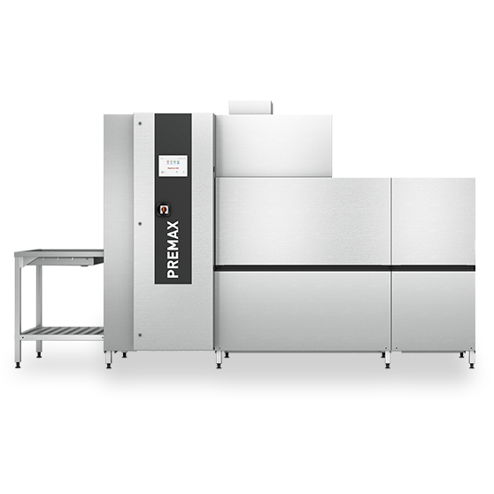 HOBART PREMAX rack conveyor dishwasher for professional kitchens and catering, featuring stainless steel design, integrated touchscreen control panel, and energy-efficient washing system for high capacity and superior hygiene.