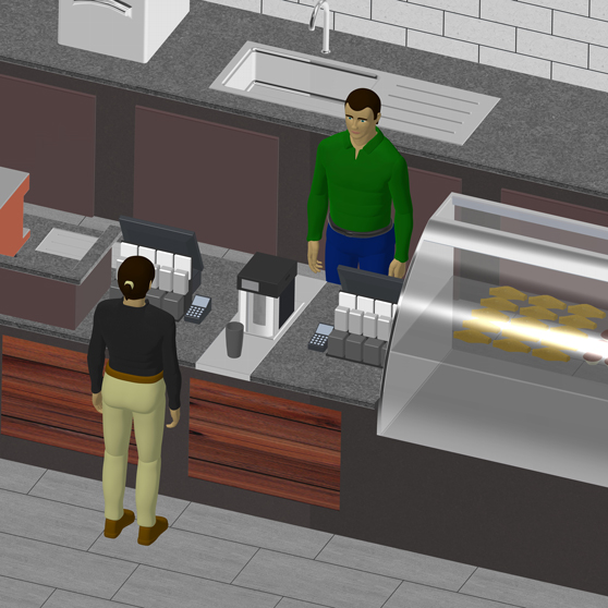 Visualization of a coffee counter featuring HOBART cup washing system integrated into a modern worktop with POS system, coffee machine, and display case for pastries, designed for cafés and quick-service restaurants.