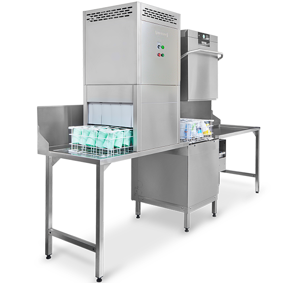 HOBART hood-type dishwashing solution with external drying unit for reusable cups, stainless steel system for hygienic cleaning and fast drying in just 120 seconds.
