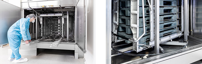 HOBART pallet washing system featuring an open stainless steel washing chamber and rotating cleaning rack for pallets, equipped with spray nozzles and hygiene technology, ideal for food and pharmaceutical industries.