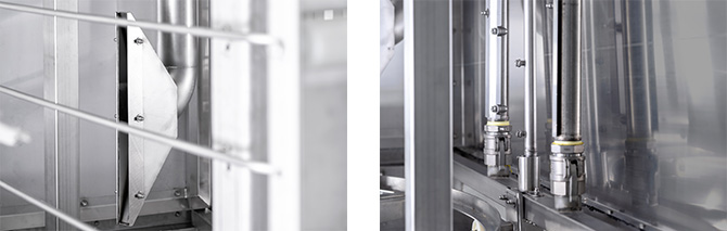 Close-up of HOBART pallet washing system featuring powerful blow-off drying unit and adjustable wash and rinse nozzles for optimal cleaning and drying of pallets and containers in hygiene-sensitive environments.