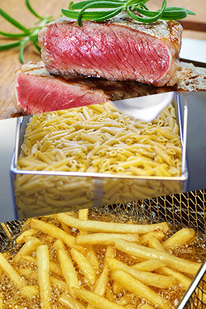 Collage featuring juicy steak with rosemary, penne pasta in a stainless steel basket and golden French fries frying in hot oil, typical cooking processes in a professional kitchen.
