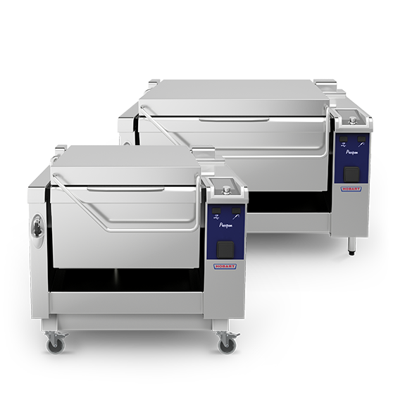 Two HOBART Precipan stainless-steel cooking appliances designed for professional kitchens, featuring spacious pans, ergonomic controls, and mobile design with wheels, ideal for boiling, frying, and braising in high-volume foodservice operations.