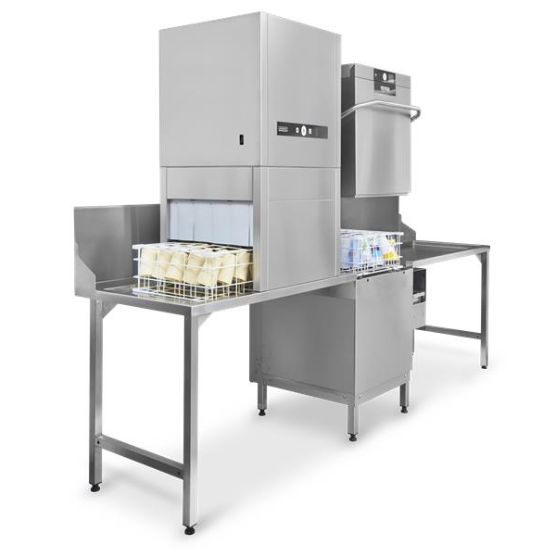 HOBART hood-type dishwasher with external drying solution for catering and large kitchens, designed for glasses and dishes, featuring stainless steel tables, energy-efficient technology, and hygienic washing for spotless results.