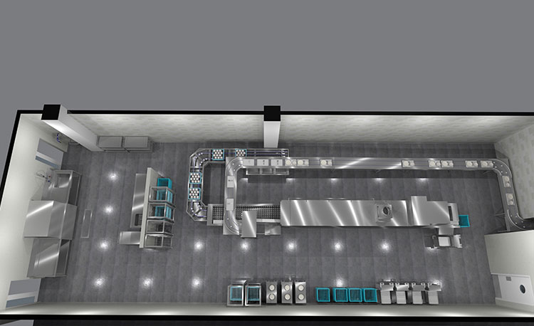 Example layout of a HOBART FLOW Line autoLINE from a top view, automatic washing system with long conveyor and curves for efficient cleaning of dishes and glasses, stainless steel design for hygienic and optimized workflows in a modern dishwashing area.