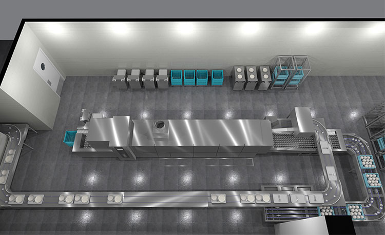 Example layout of a HOBART FLOW Line autoLINE from a top view, automatic washing system with long conveyor and curves for efficient cleaning of dishes and glasses, stainless steel design for hygienic and optimized workflows in a modern dishwashing area.