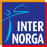 Internorga logo with blue background, white text and icon of a person holding a tray, representing the international trade fair for gastronomy, hospitality, and catering in Hamburg.