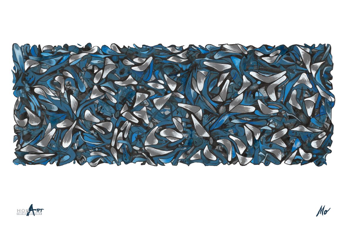 Abstract artwork composed of numerous small wedge‑shaped, wing‑like forms in blue, grey and white tones, moving together in a dynamic yet harmonious pattern and symbolizing individuality, teamwork and the cooperative spirit associated with HOBART.