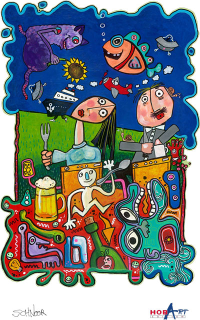 Colorful and expressive ART BRUT style illustration showing people eating and drinking surrounded by playful creatures, dishes, glasses, and symbolic washing machines, visualizing the endless cycle of Eat, Drink, Wash, Repeat inspired by HOBART and the energy of everyday life.