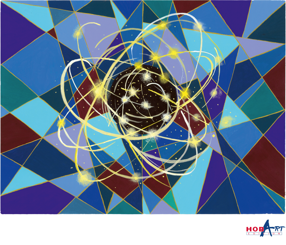 Abstract cosmic artwork featuring a dark central sphere surrounded by glowing stars and swirling golden energy lines, set against a geometric mosaic of blue and purple shapes, symbolizing creative power, visionary innovation and the energetic force associated with HOBART’s forward‑driving spirit.