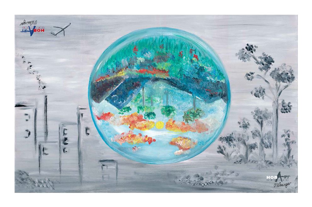 Artistic painting featuring a large transparent sphere containing an inverted, colorful landscape with trees and vegetation, contrasted against a grey, muted outer environment, symbolizing new perspectives, reflection and the chance for renewal, as well as the visionary idea of HOBART’s approach to waterless washing.