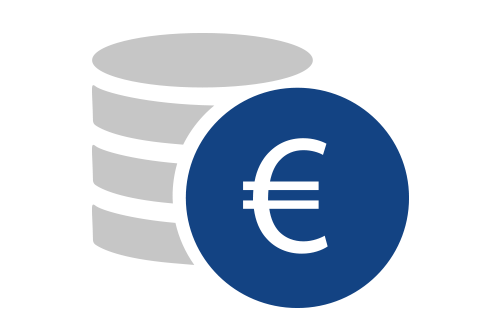 Icon showing stacked coins with a euro symbol to represent high economic efficiency, illustrating cost savings and optimized resource usage.