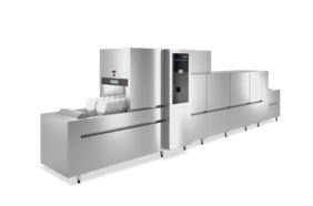 A stainless steel HOBART FLOW LINE conveyor dishwasher shown diagonally from the front, featuring an intake section with dish racks, a central control module, and multiple enclosed washing and drying zones extending toward the rear, designed for high‑capacity automated dishwashing.